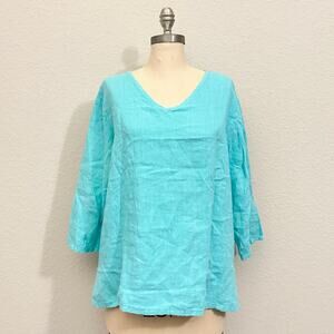 MATCH POINT Linen Top Turquoise Relaxed Peasant Lagenlook Minimalist NWT